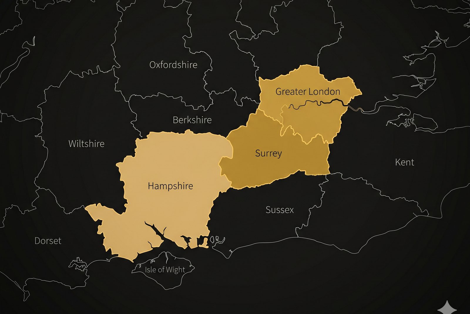 Map of South-East England showing Crown FM's coverage area across Greater London, Surrey and Hampshire
